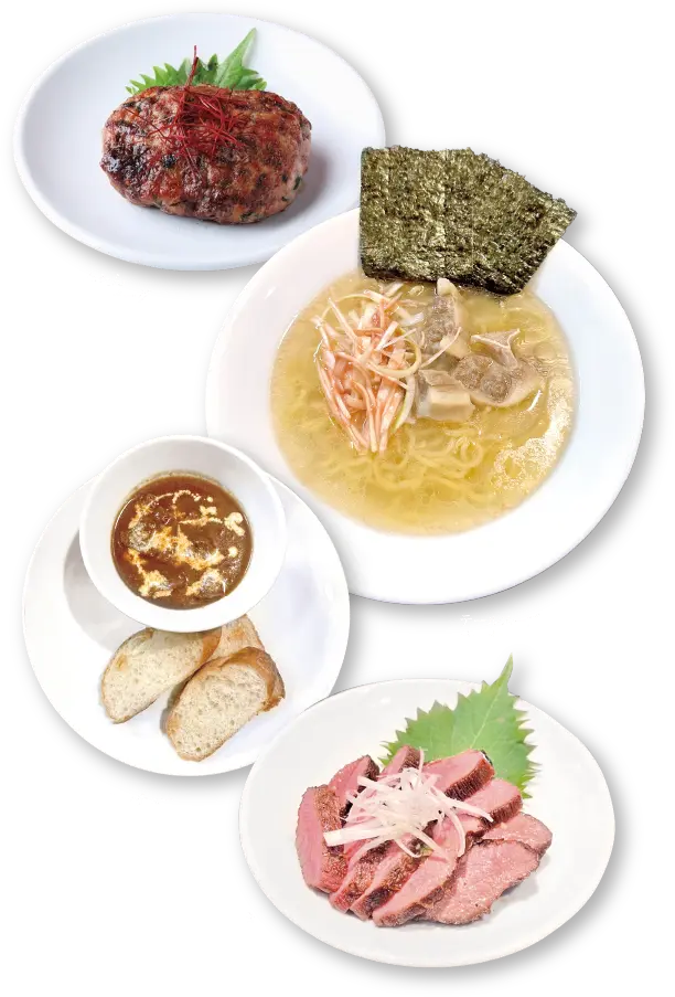 牛たんハンバーグ、テールスープラーメン、牛たんシチュー、牛たんたたきの写真